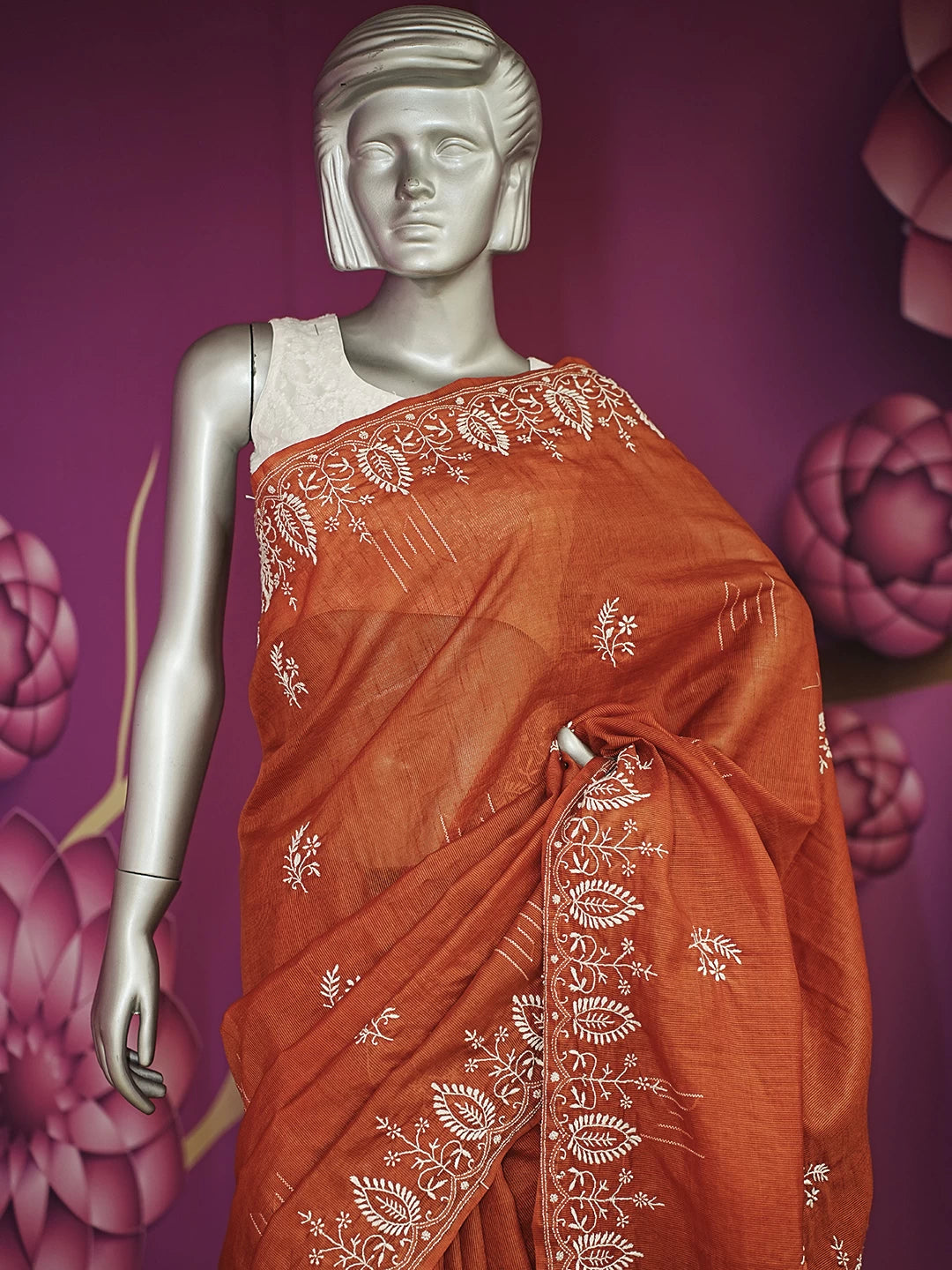 Ada Hand Embroidered Amber Rust Silk Lucknowi Chikankari Saree With Blouse 01A376436