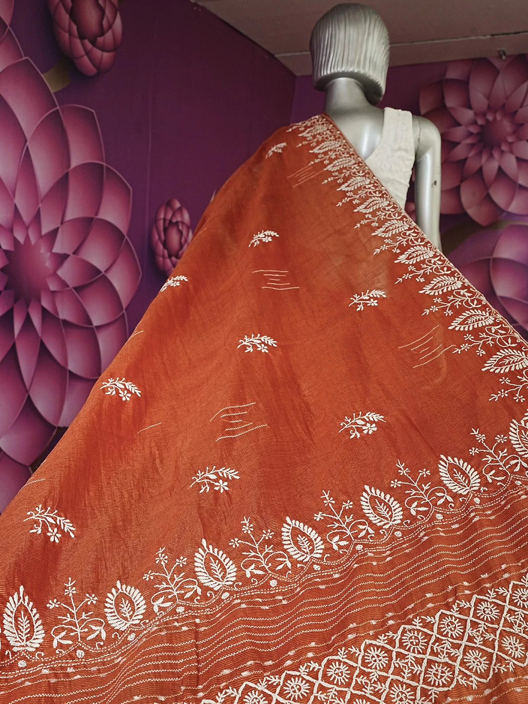 Ada Hand Embroidered Amber Rust Silk Lucknowi Chikankari Saree With Blouse 01A376436