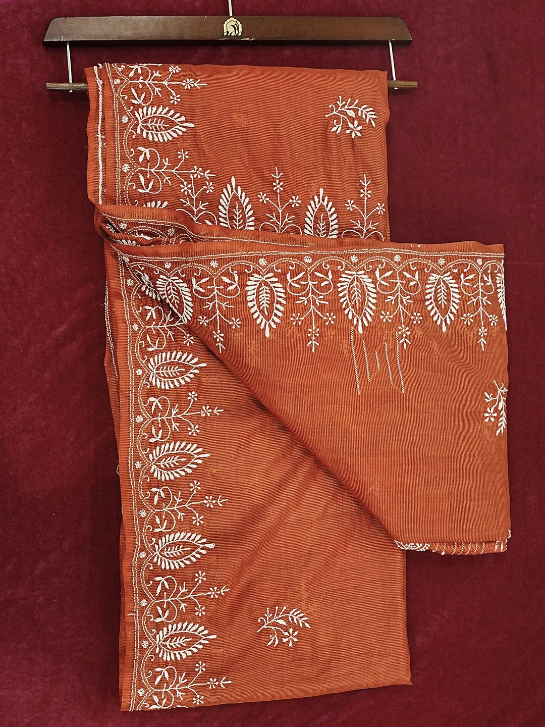 Ada Hand Embroidered Amber Rust Silk Lucknowi Chikankari Saree With Blouse 01A376436