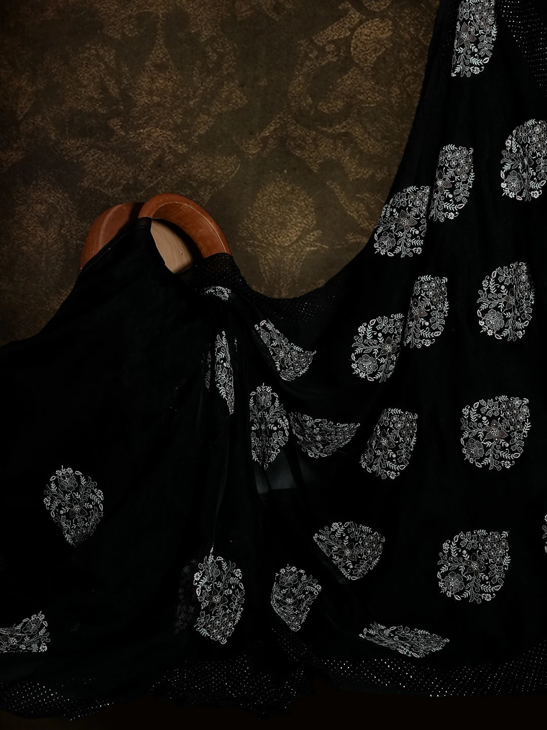 Ada Hand Embroidered Black Organza Lucknowi Chikankari Saree/Blouse with Muqaish Work 01A512136
