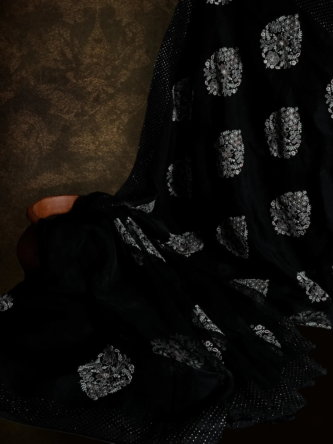 Ada Hand Embroidered Black Organza Lucknowi Chikankari Saree/Blouse with Muqaish Work 01A512136