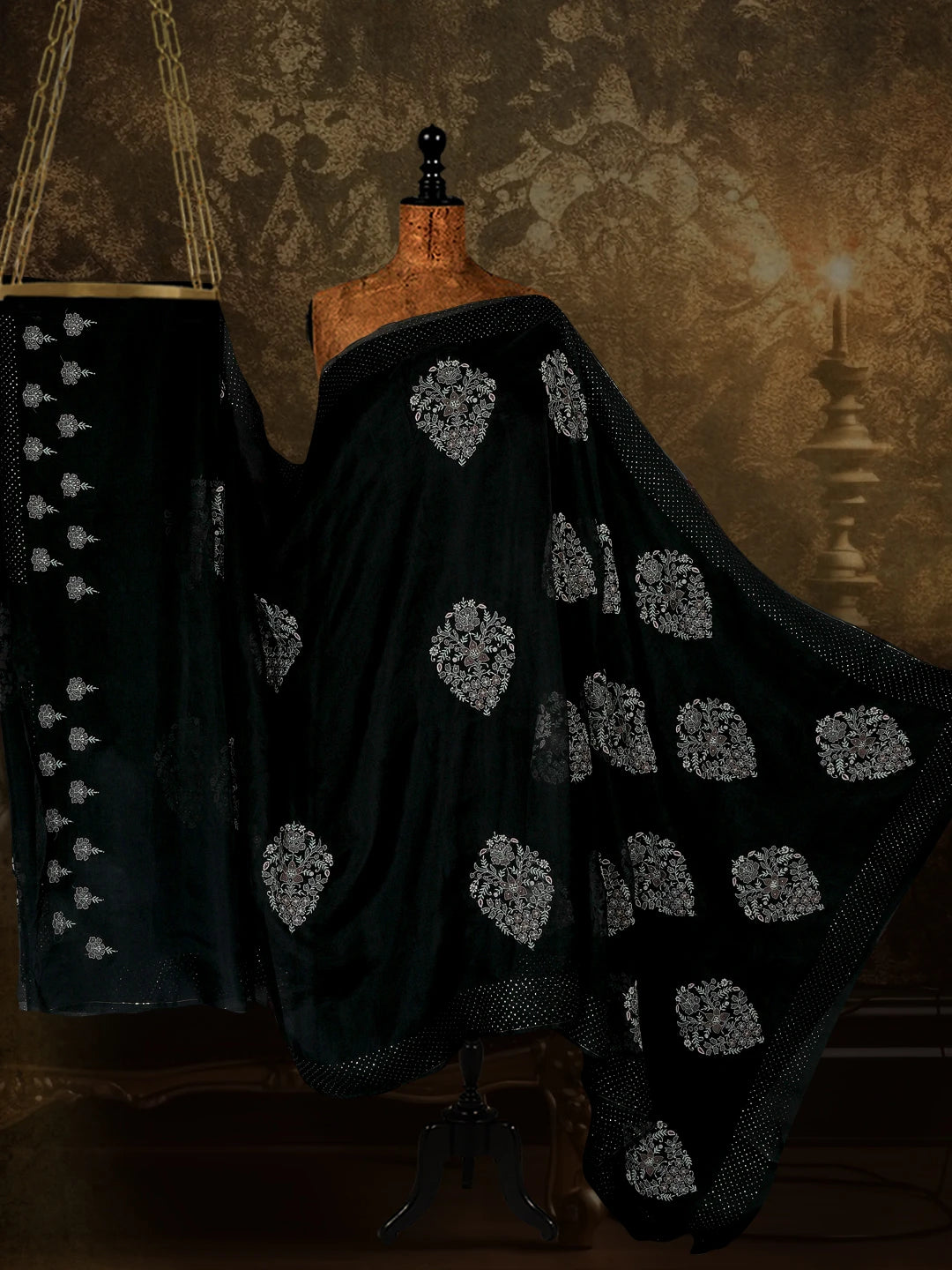 Ada Hand Embroidered Black Organza Lucknowi Chikankari Saree/Blouse with Muqaish Work 01A512136