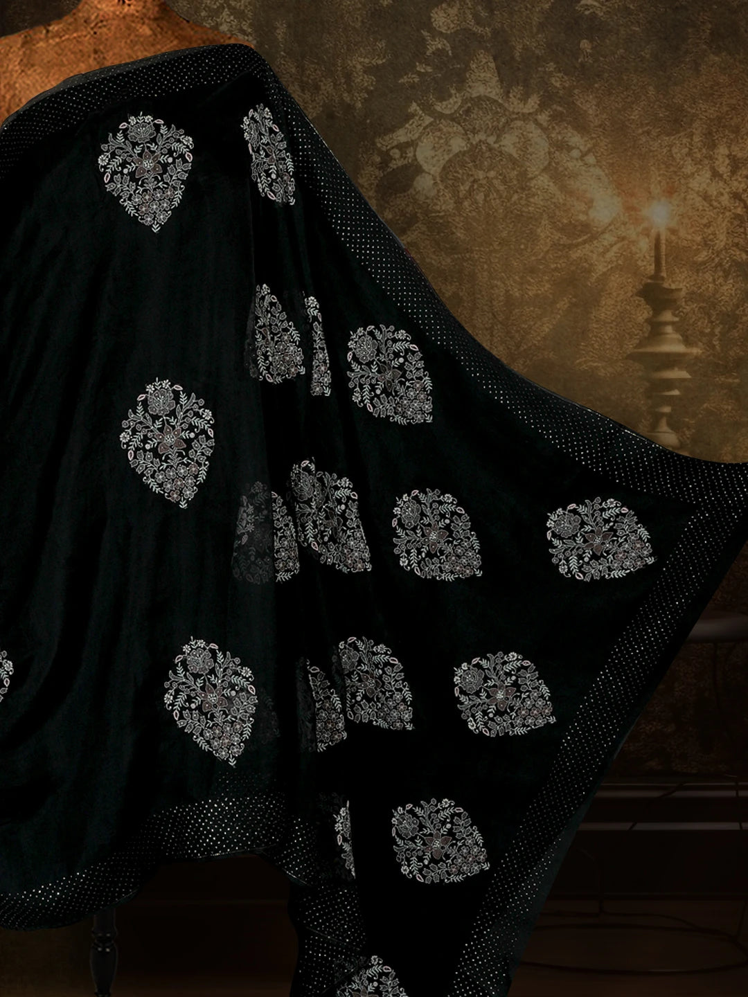 Ada Hand Embroidered Black Organza Lucknowi Chikankari Saree/Blouse with Muqaish Work 01A512136