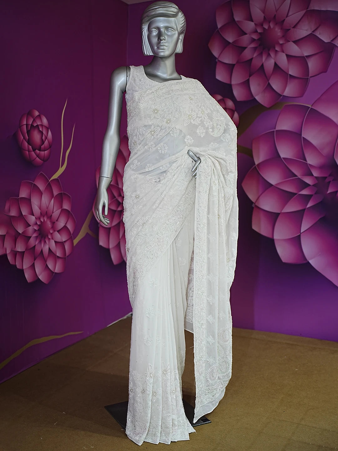 Ada Hand Embroidered White Pure Georgette Lucknowi Chikankari Saree/Blouse With Cutdana Work 01A512768