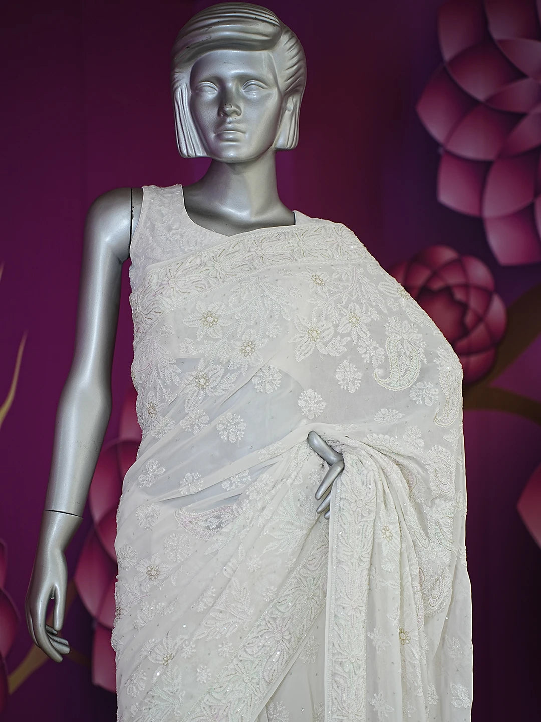 Ada Hand Embroidered White Pure Georgette Lucknowi Chikankari Saree/Blouse With Cutdana Work 01A512768
