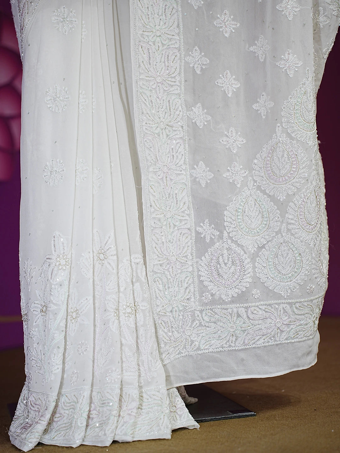 Ada Hand Embroidered White Pure Georgette Lucknowi Chikankari Saree/Blouse With Cutdana Work 01A512768