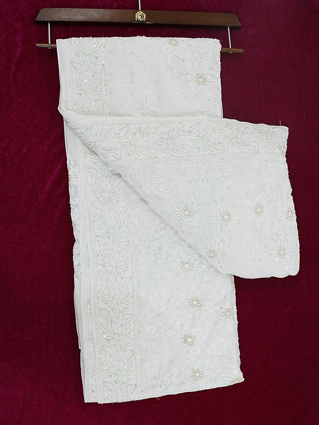 Ada Hand Embroidered White Pure Georgette Lucknowi Chikankari Saree/Blouse With Cutdana Work 01A512768
