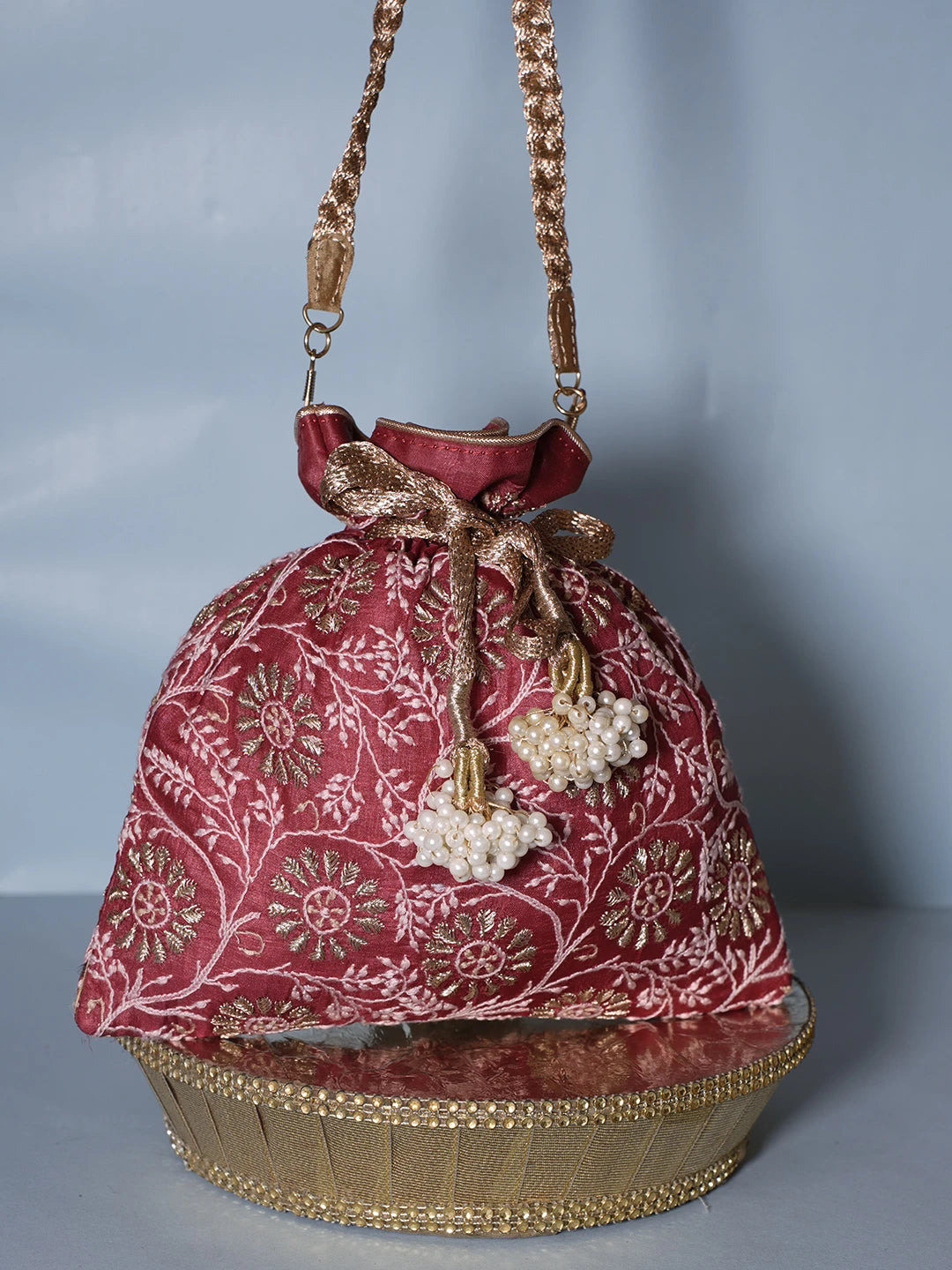 Ada Hand Embroidered Maroon Silk Lucknowi Chikankari Potli Bag With Zari Work 01A539997