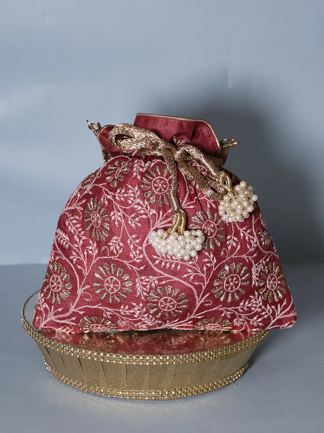 Ada Hand Embroidered Maroon Silk Lucknowi Chikankari Potli Bag With Zari Work 01A539997