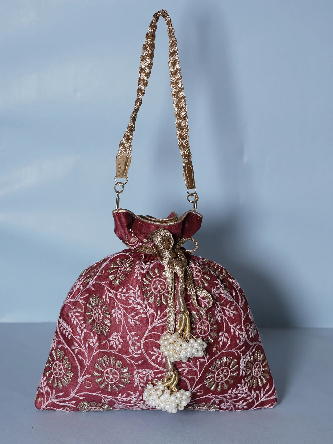 Ada Hand Embroidered Maroon Silk Lucknowi Chikankari Potli Bag With Zari Work 01A539997