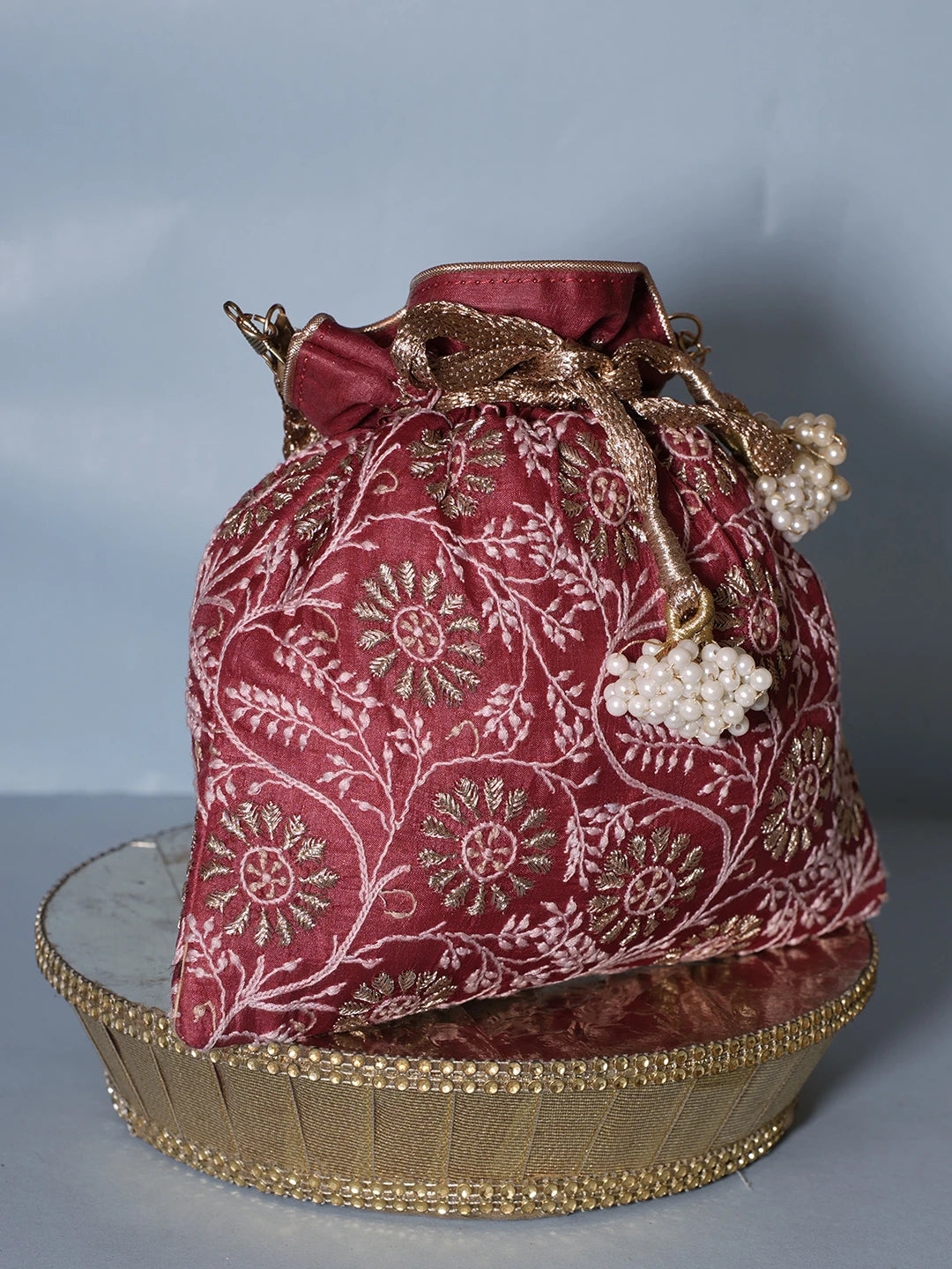 Ada Hand Embroidered Maroon Silk Lucknowi Chikankari Potli Bag With Zari Work 01A539997