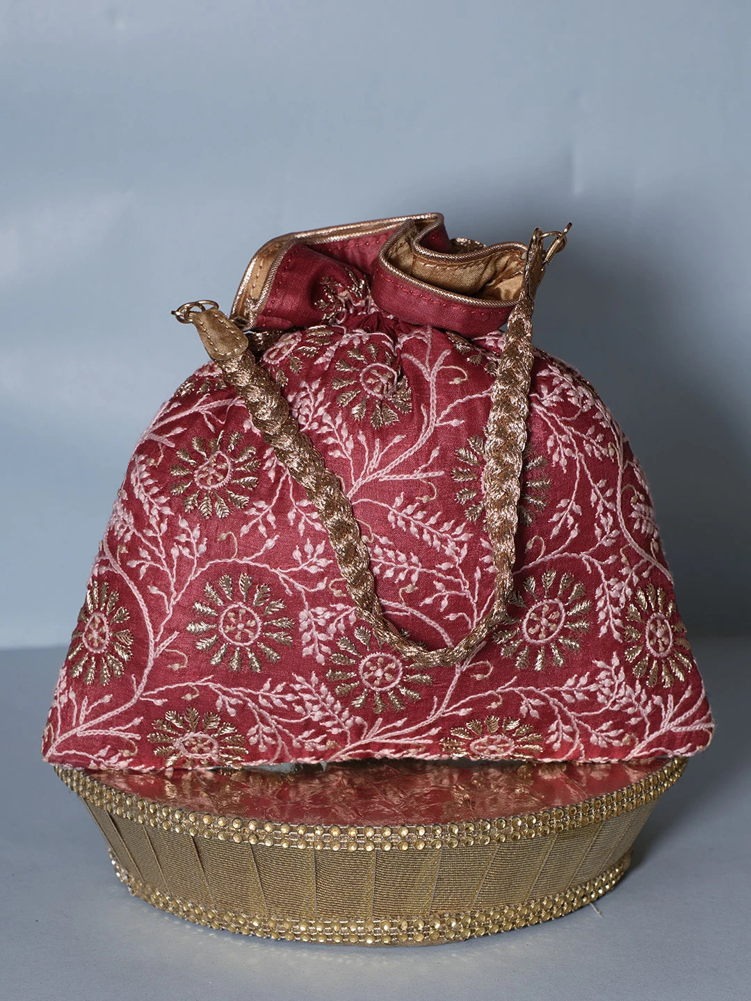 Ada Hand Embroidered Maroon Silk Lucknowi Chikankari Potli Bag With Zari Work 01A539997
