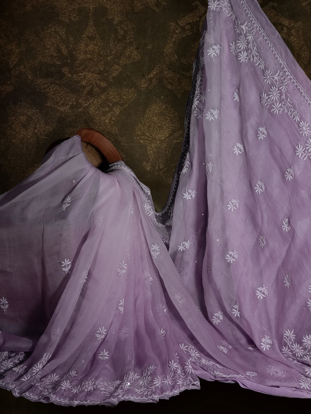 Ada Hand Embroidered Mauve Organza Lucknowi Chikankari Saree/Blouse with Mirror Work 01A521341