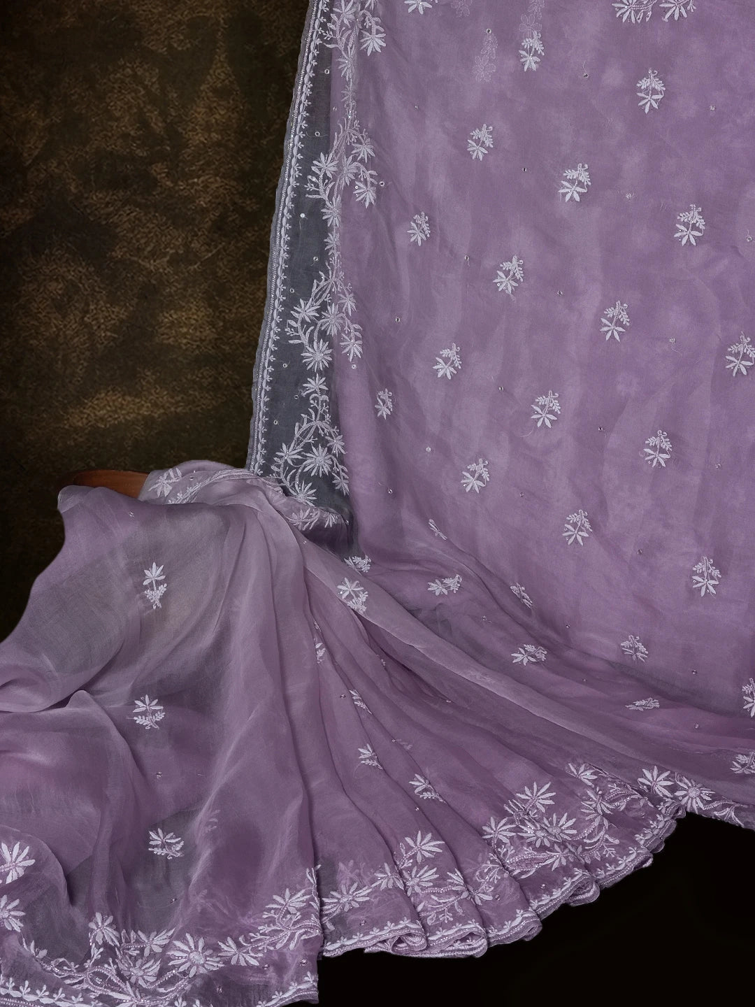 Ada Hand Embroidered Mauve Organza Lucknowi Chikankari Saree/Blouse with Mirror Work 01A521341