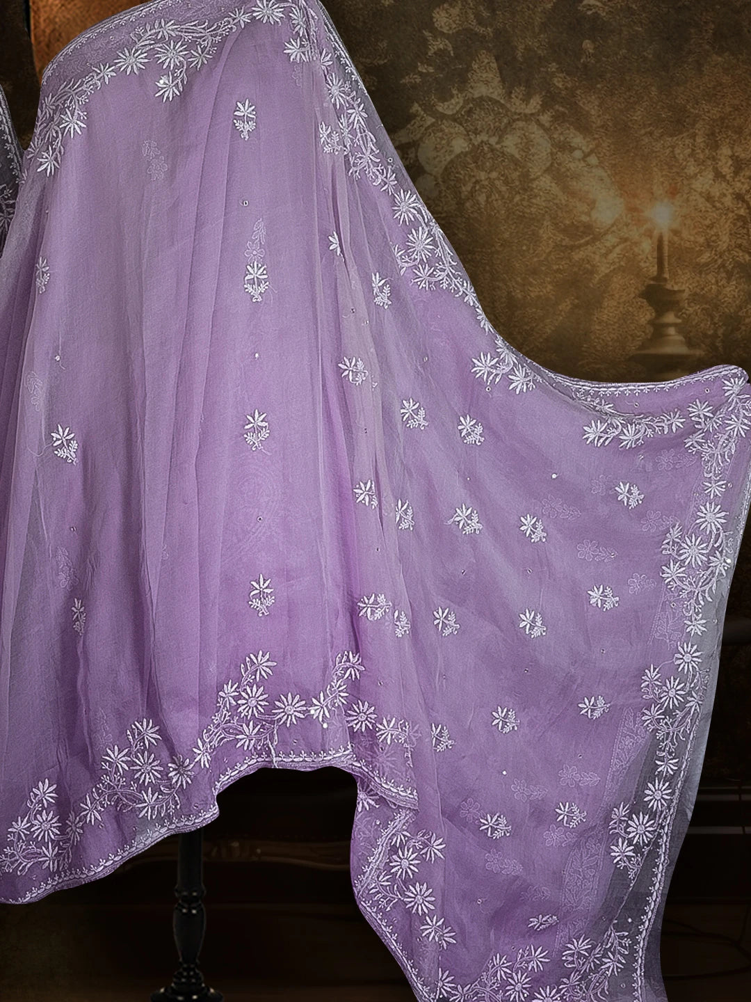 Ada Hand Embroidered Mauve Organza Lucknowi Chikankari Saree/Blouse with Mirror Work 01A521341