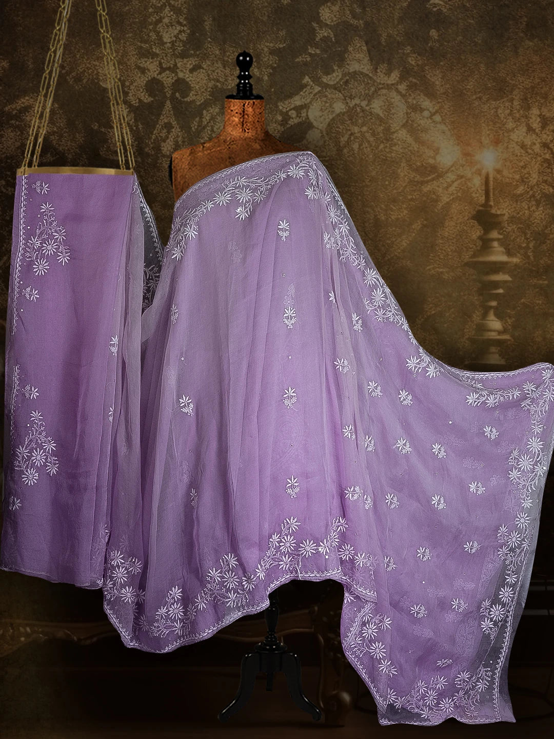 Ada Hand Embroidered Mauve Organza Lucknowi Chikankari Saree/Blouse with Mirror Work 01A521341