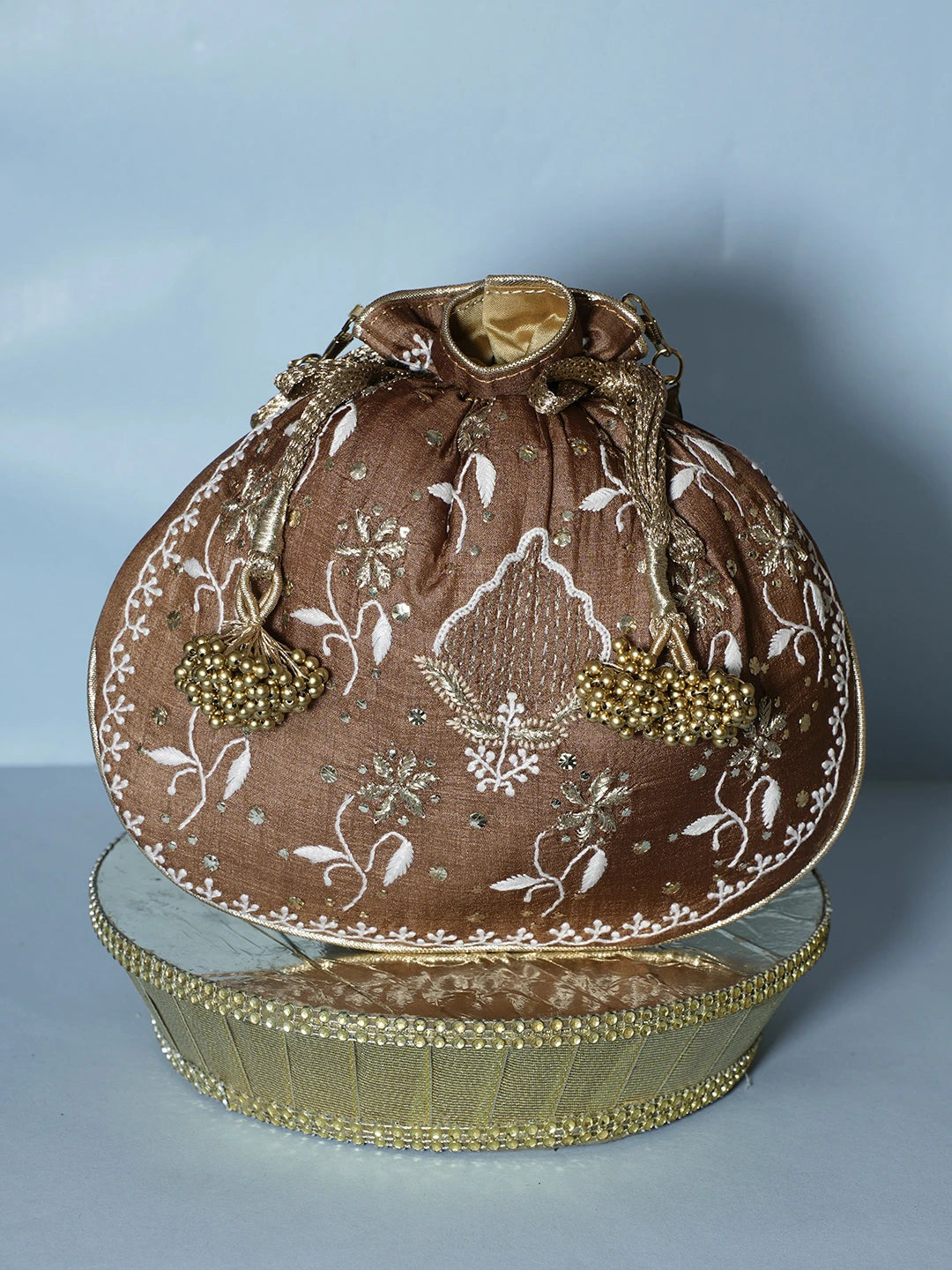 Ada Hand Embroidered Brown Silk Lucknowi Chikankari Potli Bag With Zari Work 01A539980