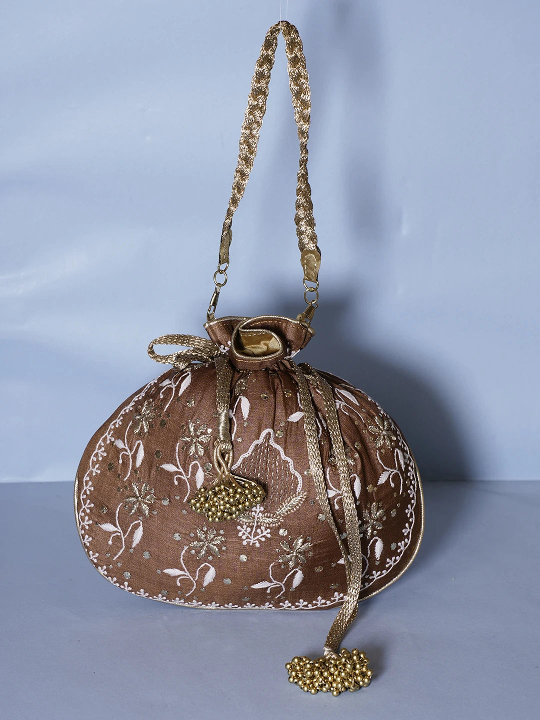 Ada Hand Embroidered Brown Silk Lucknowi Chikankari Potli Bag With Zari Work 01A539980