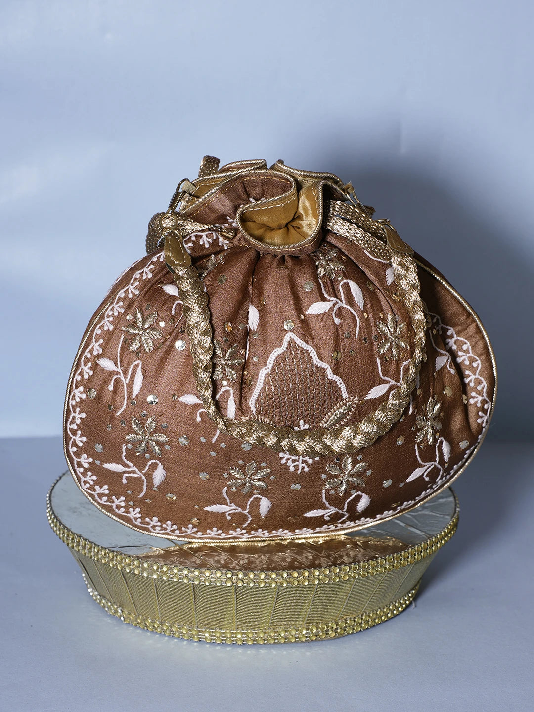 Ada Hand Embroidered Brown Silk Lucknowi Chikankari Potli Bag With Zari Work 01A539980