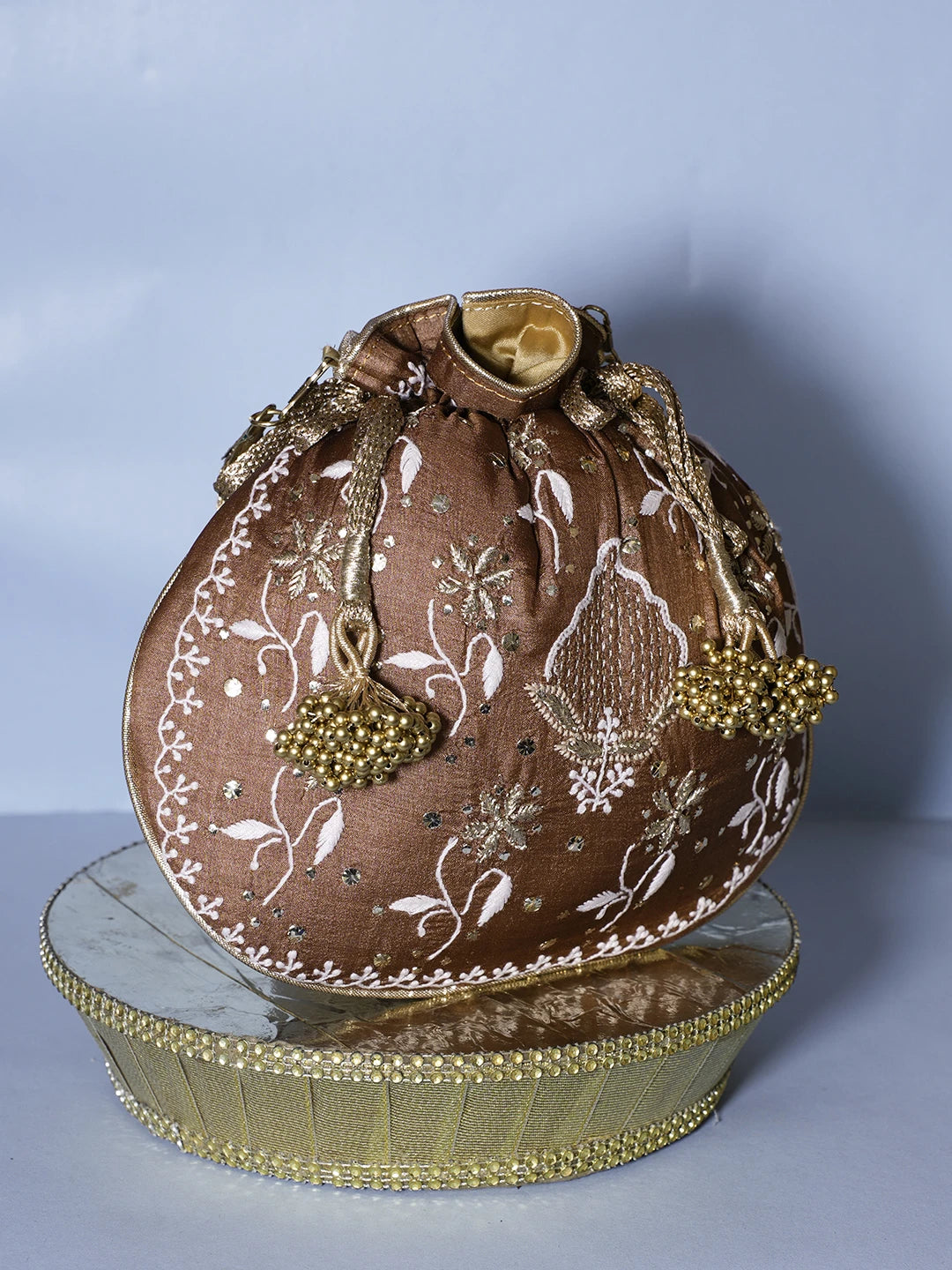 Ada Hand Embroidered Brown Silk Lucknowi Chikankari Potli Bag With Zari Work 01A539980