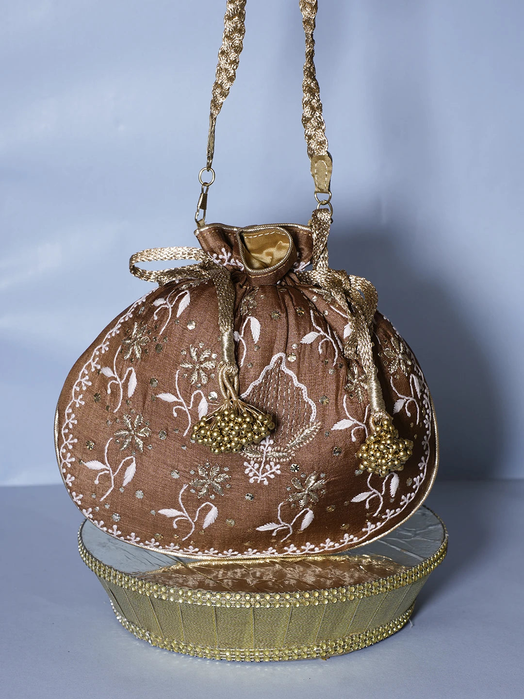 Ada Hand Embroidered Brown Silk Lucknowi Chikankari Potli Bag With Zari Work 01A539980