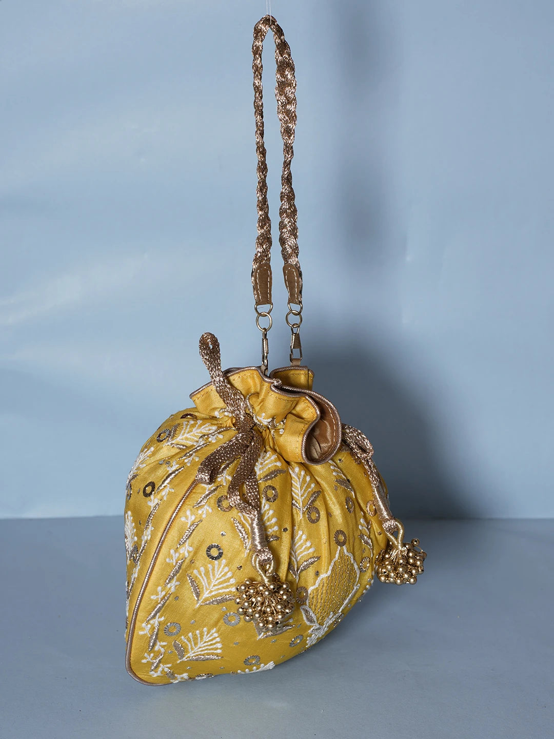 Ada Hand Embroidered Yellow Silk Lucknowi Chikankari Potli Bag With Zari Work 01A539988