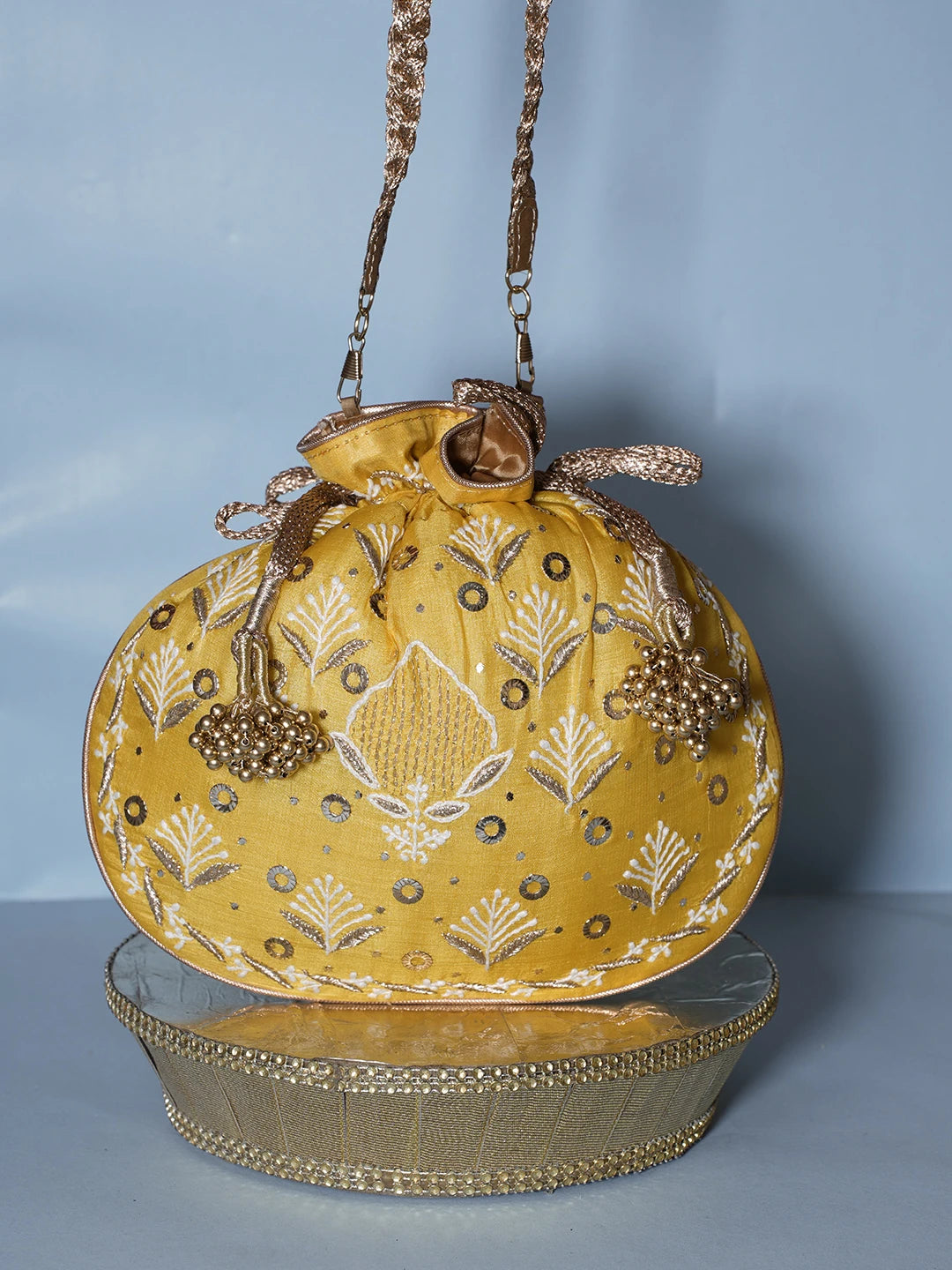 Ada Hand Embroidered Yellow Silk Lucknowi Chikankari Potli Bag With Zari Work 01A539988