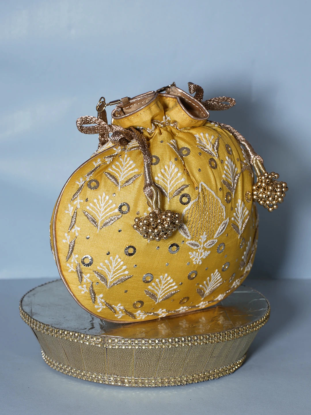 Ada Hand Embroidered Yellow Silk Lucknowi Chikankari Potli Bag With Zari Work 01A539988
