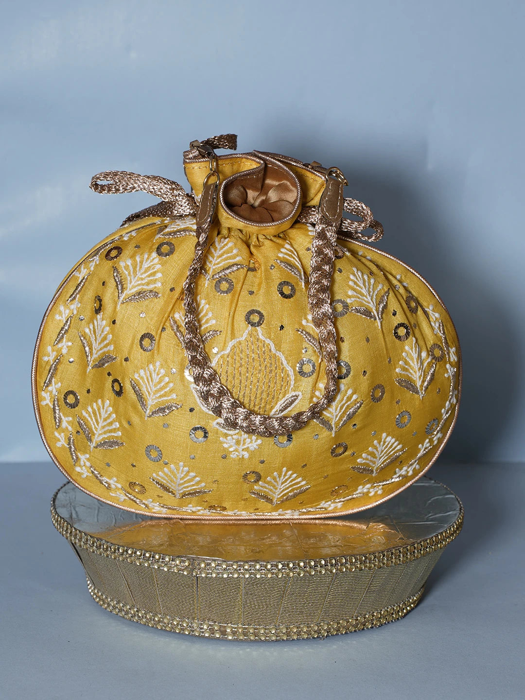 Ada Hand Embroidered Yellow Silk Lucknowi Chikankari Potli Bag With Zari Work 01A539988