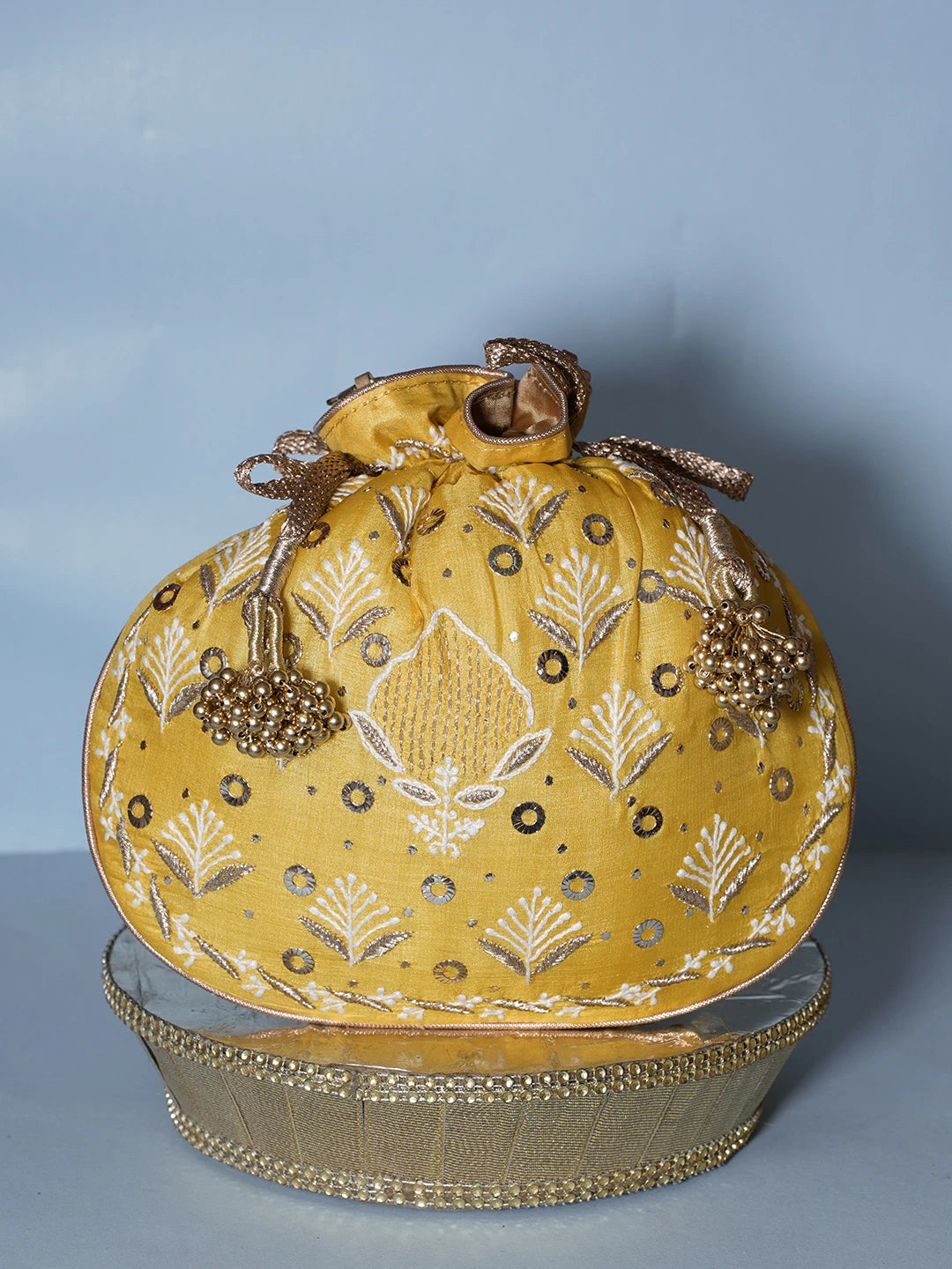 Ada Hand Embroidered Yellow Silk Lucknowi Chikankari Potli Bag With Zari Work 01A539988