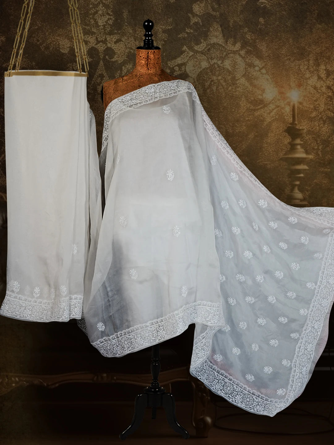 Ada Hand Embroidered White Organza Lucknowi Chikankari Saree With Blouse 01A532259
