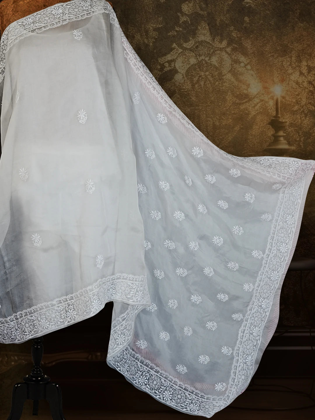 Ada Hand Embroidered White Organza Lucknowi Chikankari Saree With Blouse 01A532259