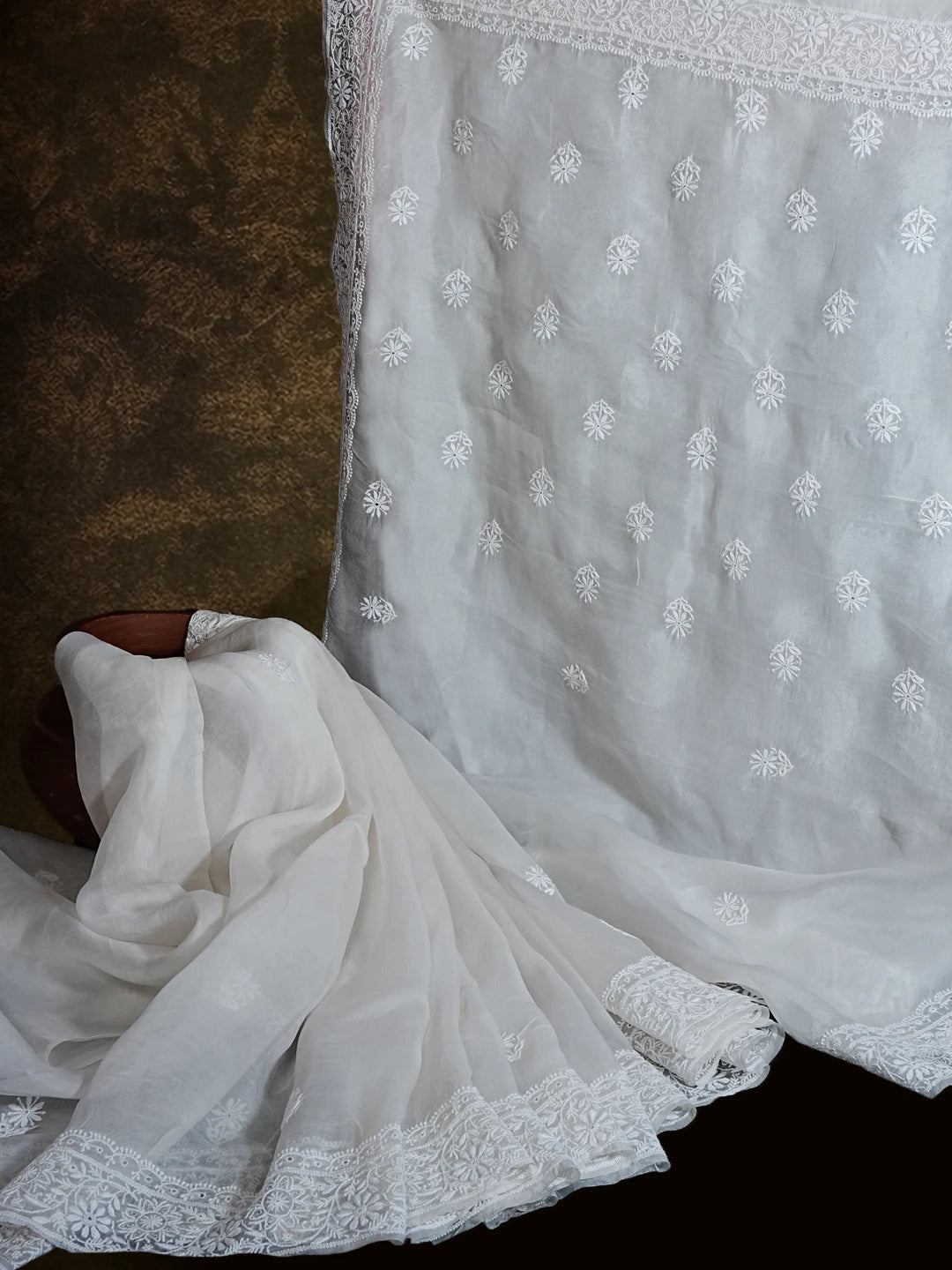 Ada Hand Embroidered White Organza Lucknowi Chikankari Saree With Blouse 01A532259