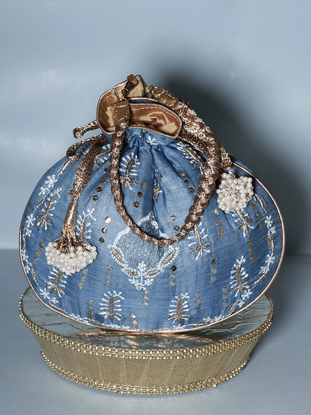 Ada Hand Embroidered Blue Silk Lucknowi Chikankari Potli Bag With Muqaish Work 01A539991