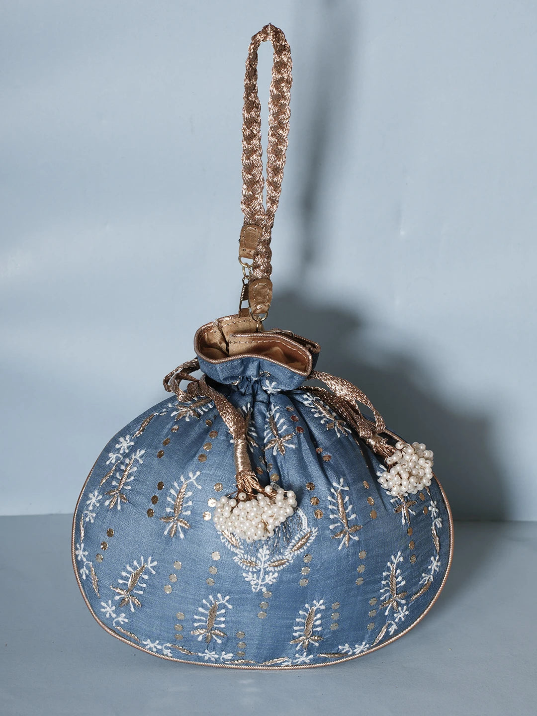 Ada Hand Embroidered Blue Silk Lucknowi Chikankari Potli Bag With Muqaish Work 01A539991