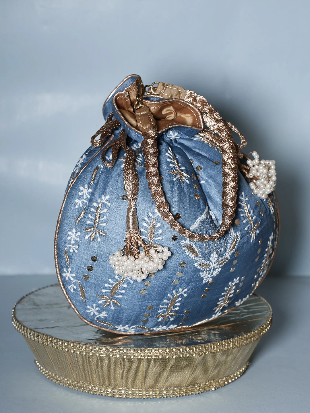 Ada Hand Embroidered Blue Silk Lucknowi Chikankari Potli Bag With Muqaish Work 01A539991