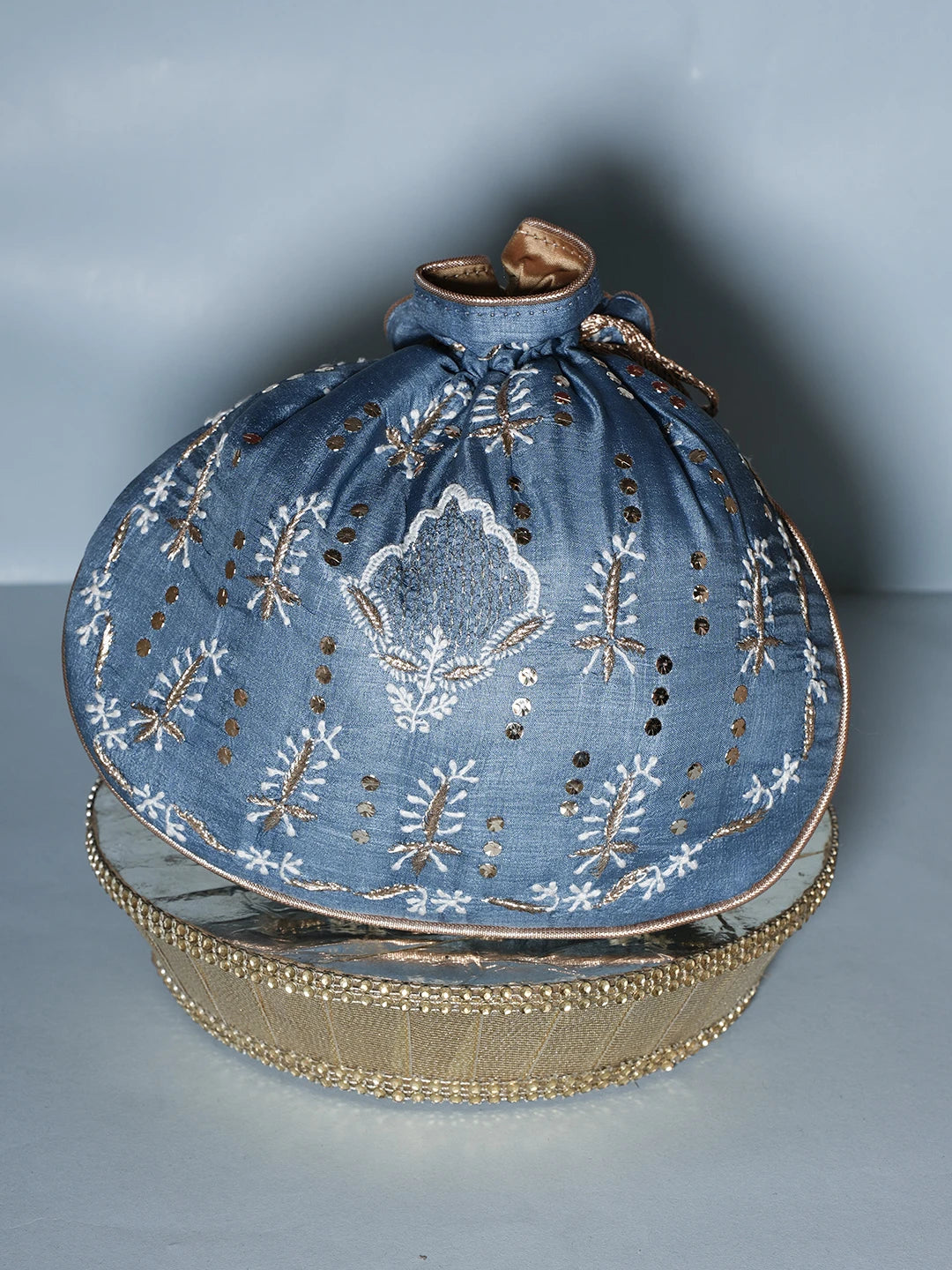 Ada Hand Embroidered Blue Silk Lucknowi Chikankari Potli Bag With Muqaish Work 01A539991