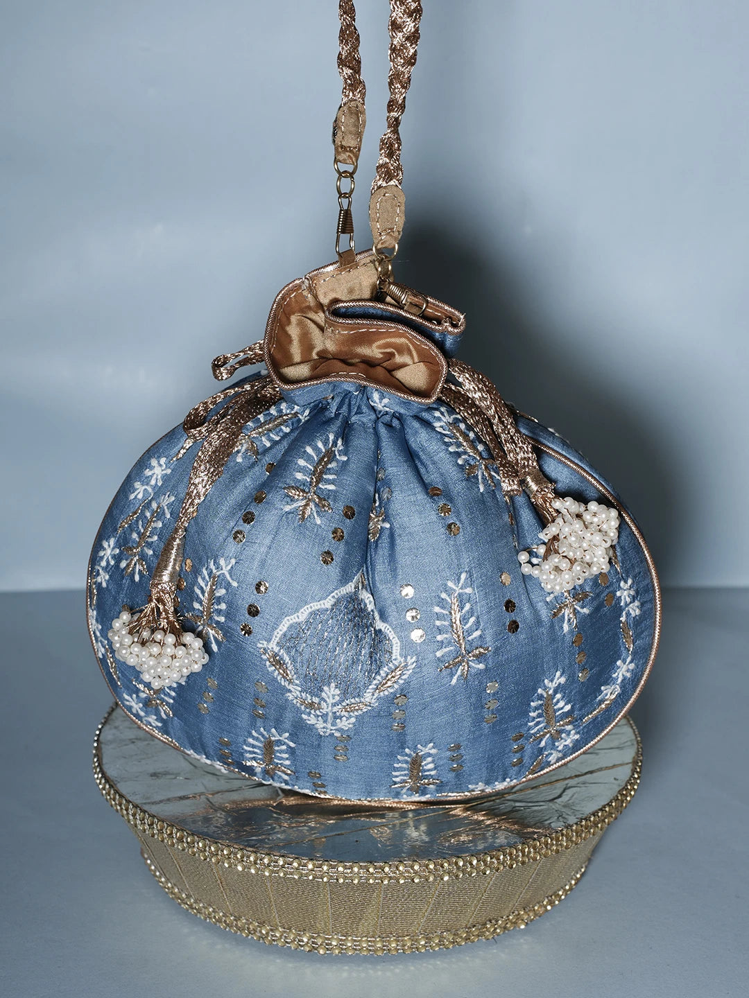 Ada Hand Embroidered Blue Silk Lucknowi Chikankari Potli Bag With Muqaish Work 01A539991