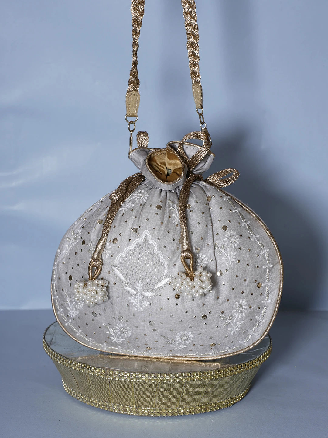 Ada Hand Embroidered Silver Grey Silk Lucknowi Chikankari Potli Bag With Muqaish Work 01A539985