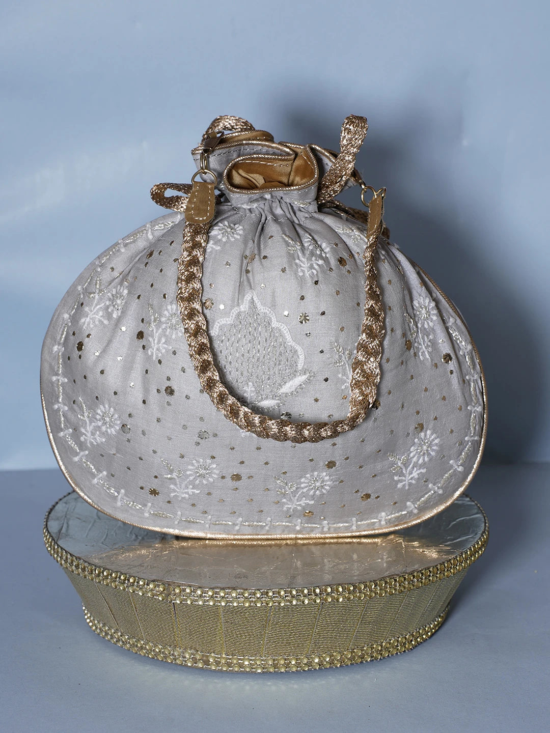 Ada Hand Embroidered Silver Grey Silk Lucknowi Chikankari Potli Bag With Muqaish Work 01A539985
