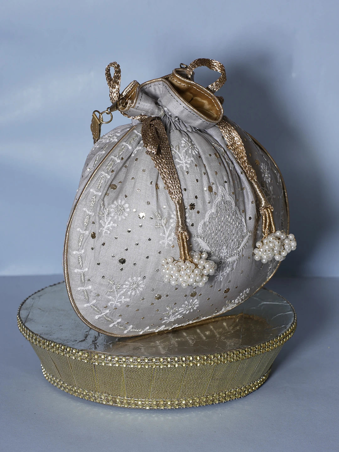Ada Hand Embroidered Silver Grey Silk Lucknowi Chikankari Potli Bag With Muqaish Work 01A539985