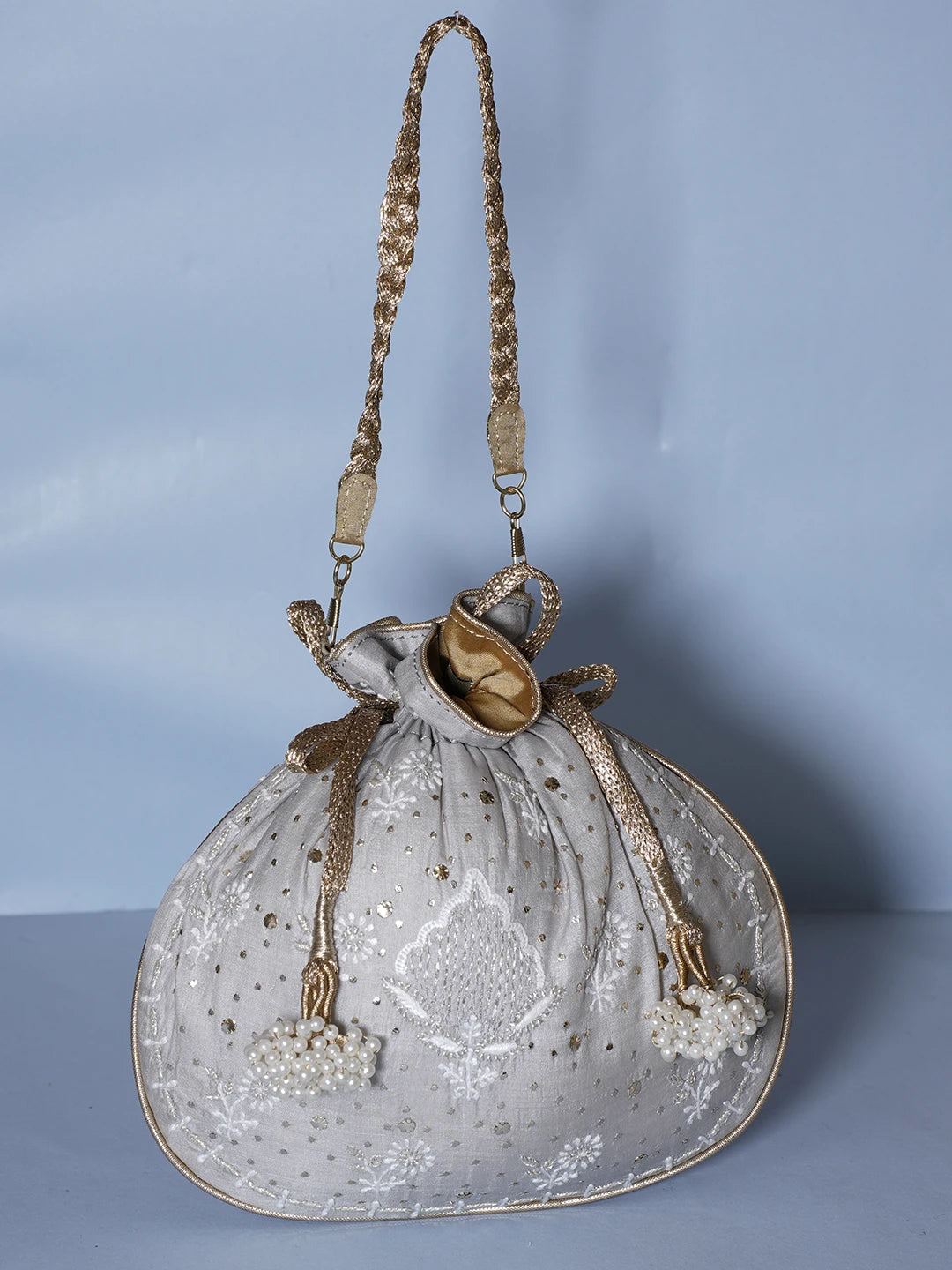 Ada Hand Embroidered Silver Grey Silk Lucknowi Chikankari Potli Bag With Muqaish Work 01A539985