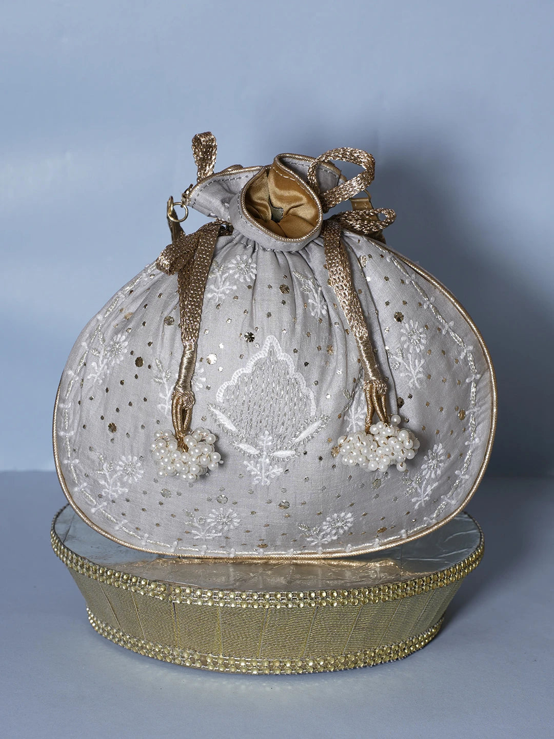 Ada Hand Embroidered Silver Grey Silk Lucknowi Chikankari Potli Bag With Muqaish Work 01A539985