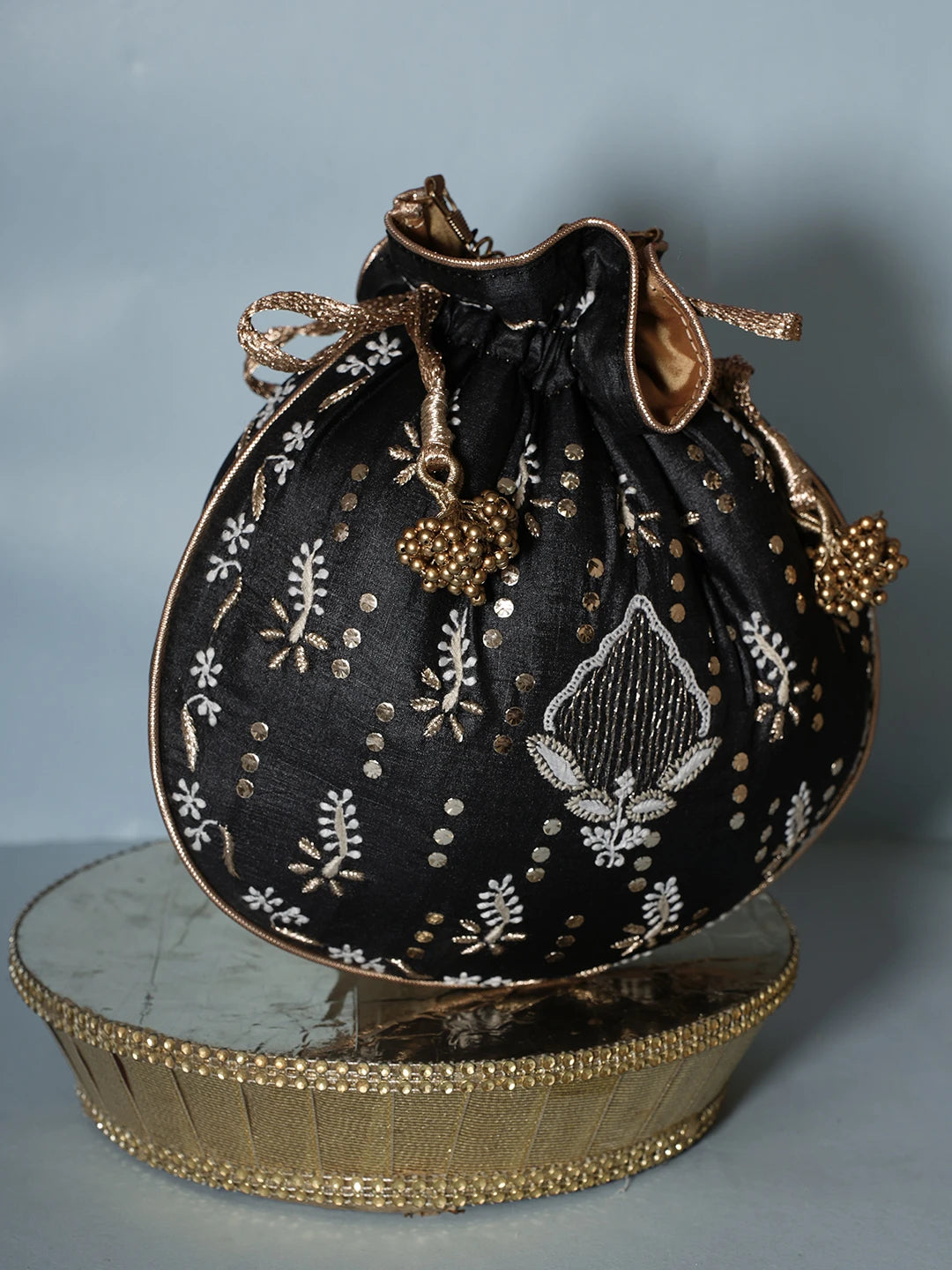 Ada Hand Embroidered Black Silk Lucknowi Chikankari Potli Bag With Muqaish Work 01A539989