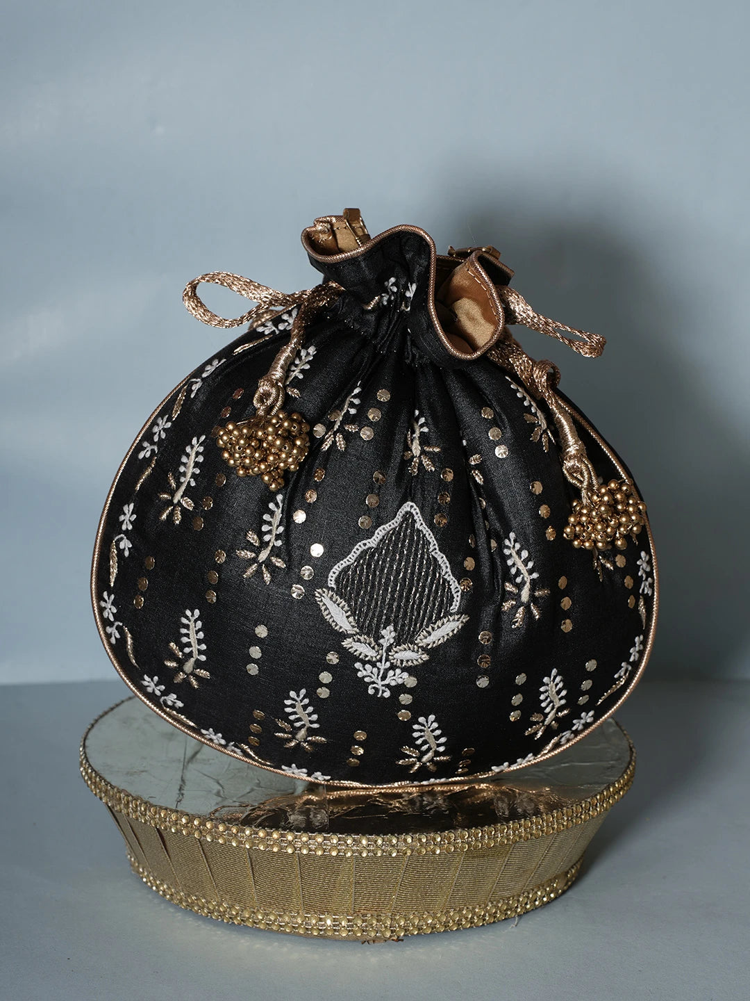 Ada Hand Embroidered Black Silk Lucknowi Chikankari Potli Bag With Muqaish Work 01A539989