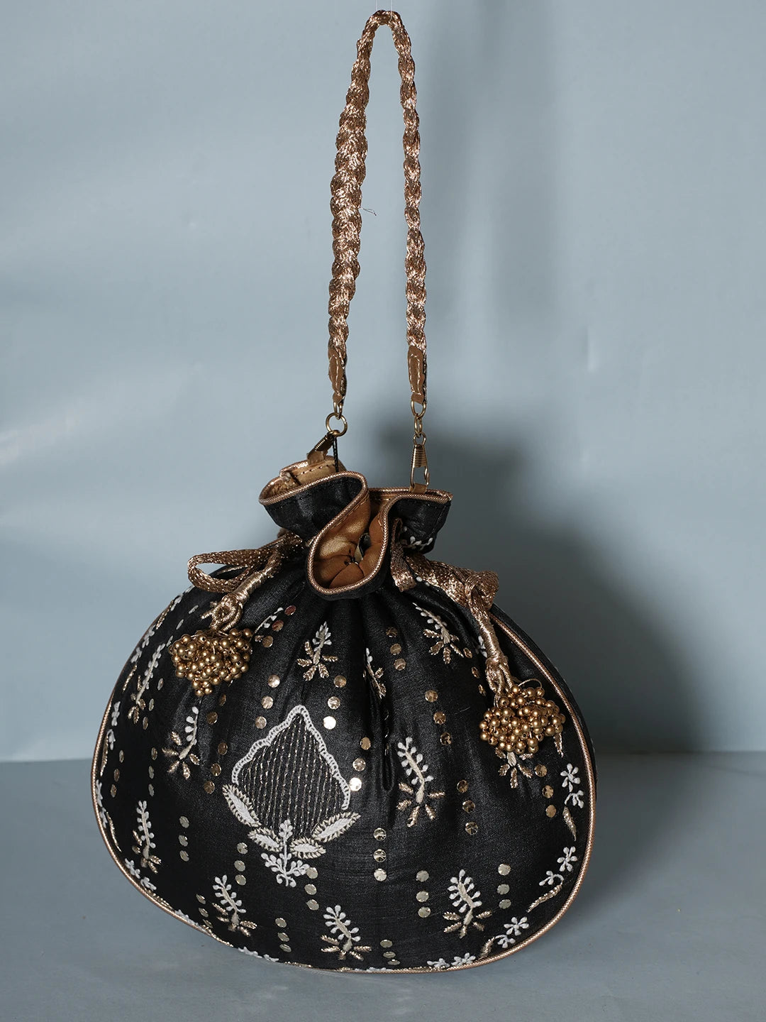 Ada Hand Embroidered Black Silk Lucknowi Chikankari Potli Bag With Muqaish Work 01A539989