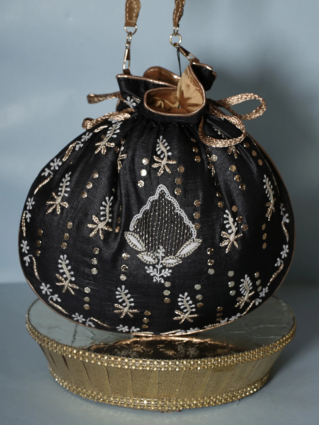 Ada Hand Embroidered Black Silk Lucknowi Chikankari Potli Bag With Muqaish Work 01A539989