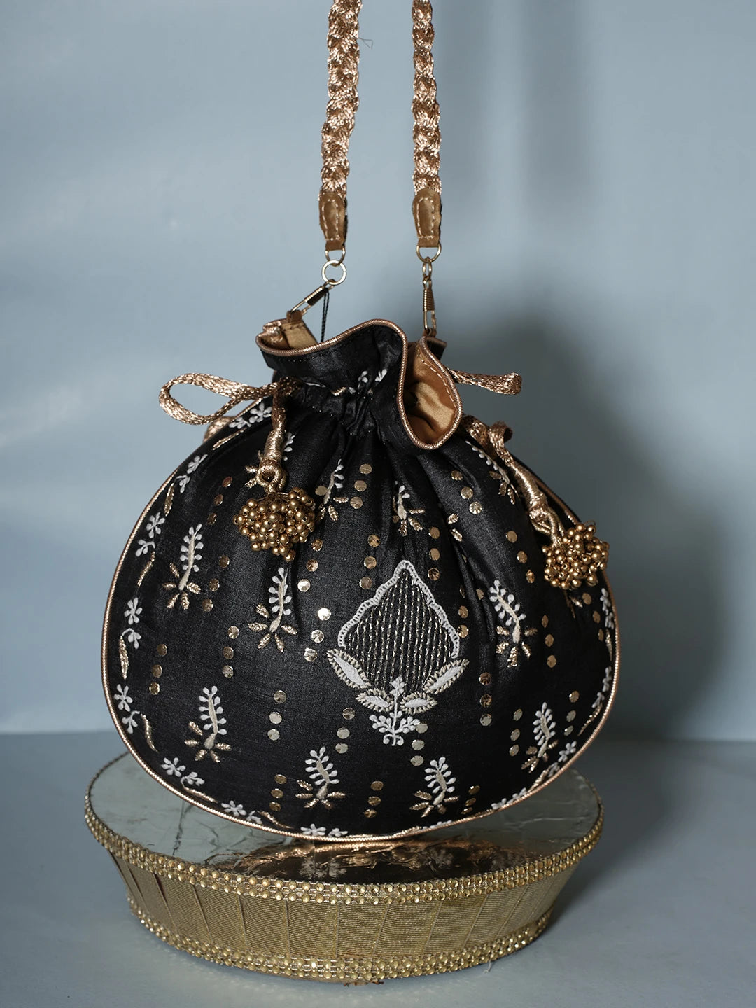 Ada Hand Embroidered Black Silk Lucknowi Chikankari Potli Bag With Muqaish Work 01A539989