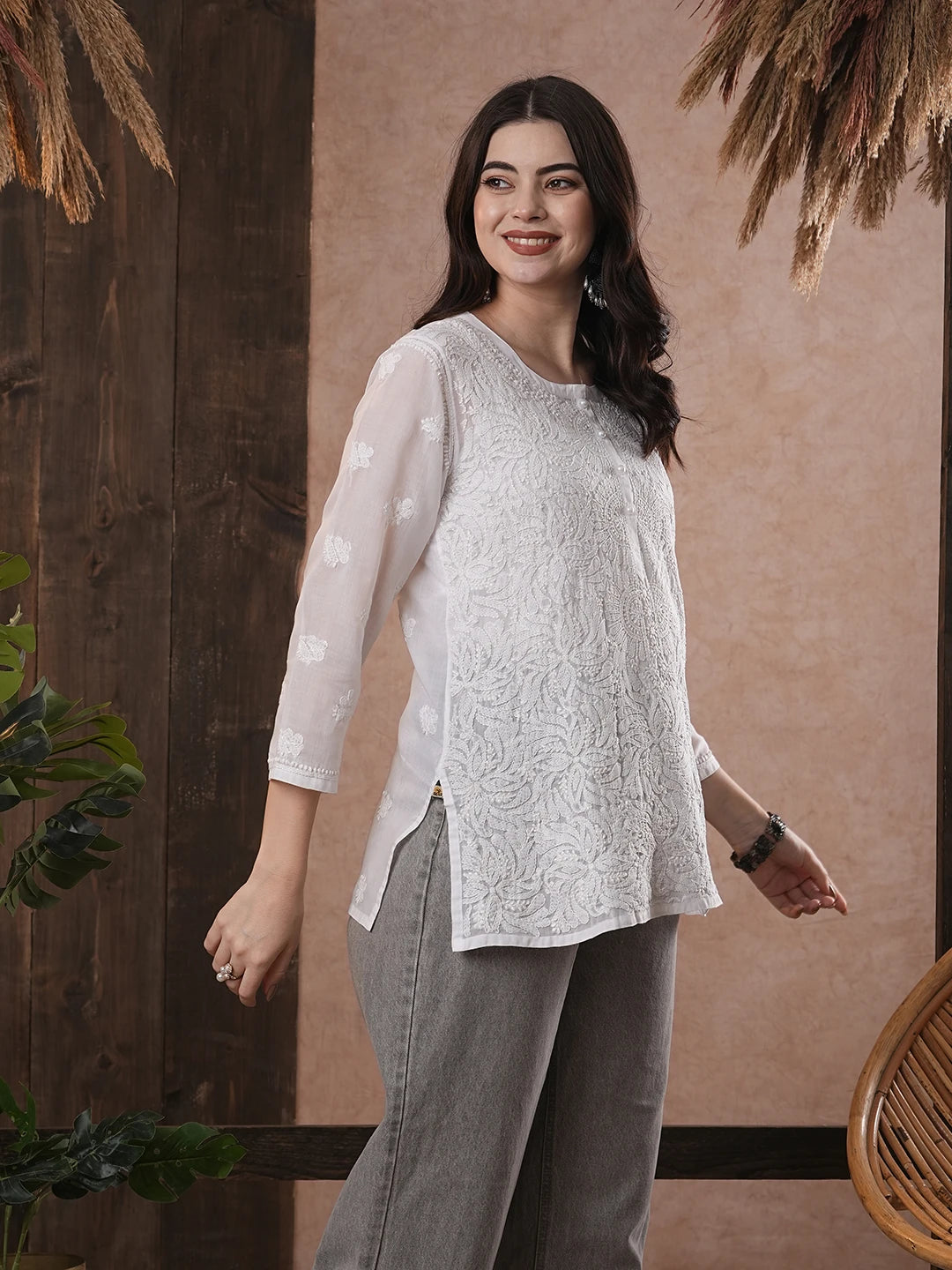 Ada Hand Embroidered White Cotton Lucknowi Chikankari Straight Kurti A100230