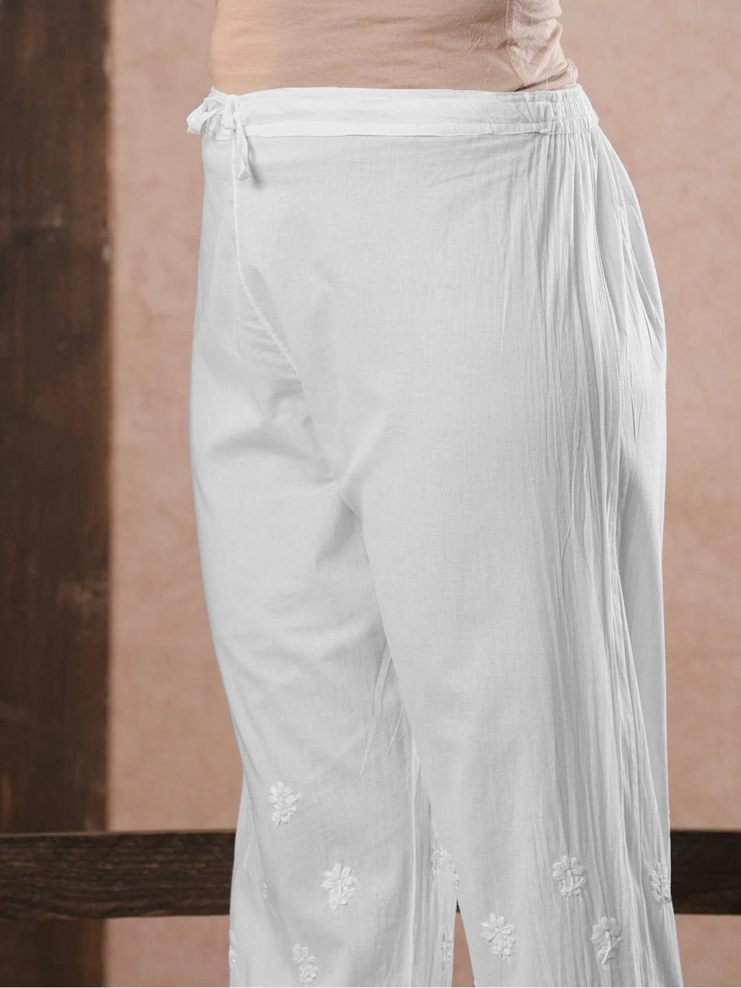 Ada Hand Embroidered White Cotton Lucknowi Chikankari Palazzo A711180